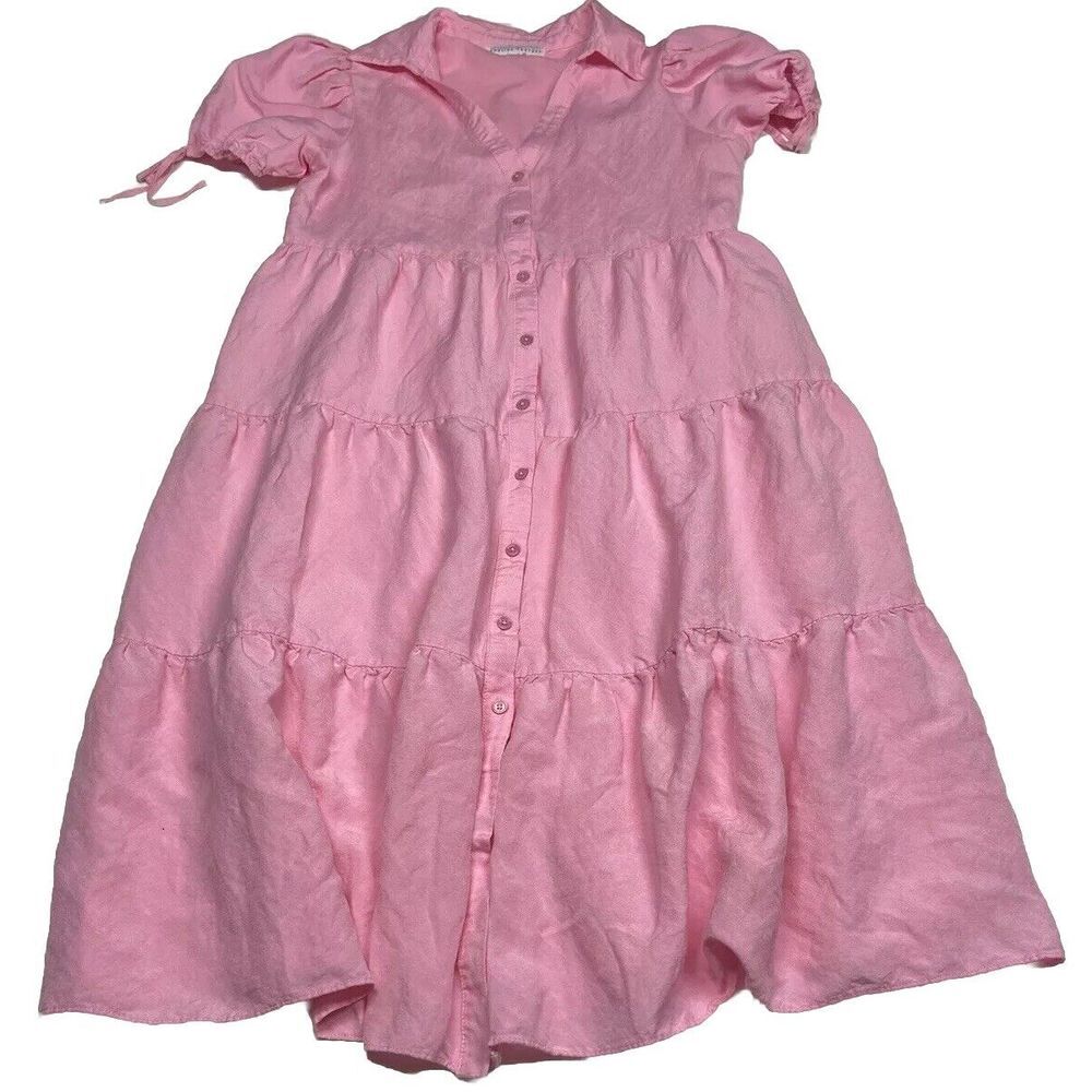 English Factory‎ Puff Sleeve Linen Blend Midi Dress in Pink Size Large